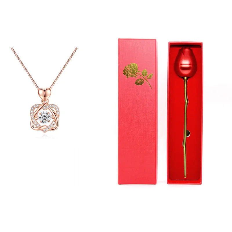 Creative Love Heart Necklace Set with Rose Simulation Flower St Valentin Jewelry Box Birthday Gift for Girlfriend