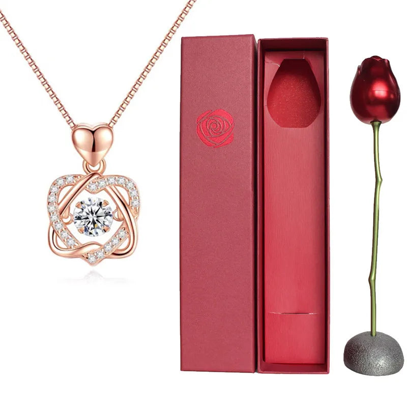 Creative Love Heart Necklace Set with Rose Simulation Flower St Valentin Jewelry Box Birthday Gift for Girlfriend