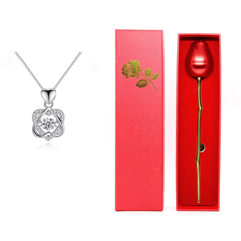 Creative Love Heart Necklace Set with Rose Simulation Flower St Valentin Jewelry Box Birthday Gift for Girlfriend