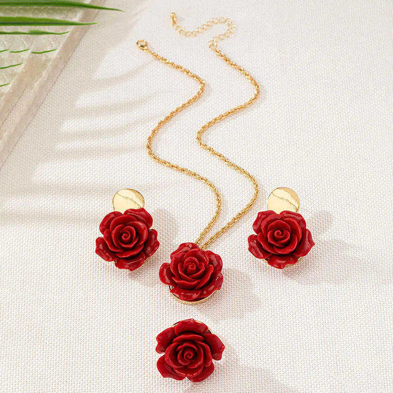 Rose Flower Pendant Necklace Earrings Ring Set Fashion Jewelry Accessories Hot Sale Party Gift 2025 New Style