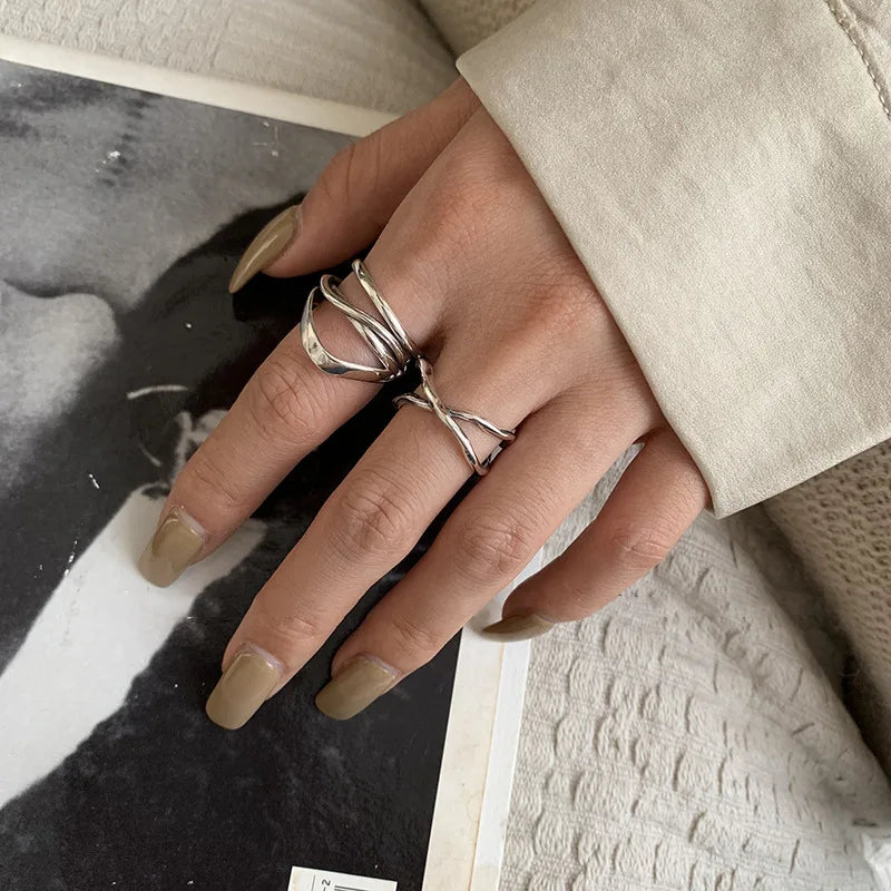 VENTFILLE 925 Sterling Silver Rings INS Fashion Hip Hop Vintage Couples Hollow Lines Punk Thai Silver Party Adjustable Jewelry