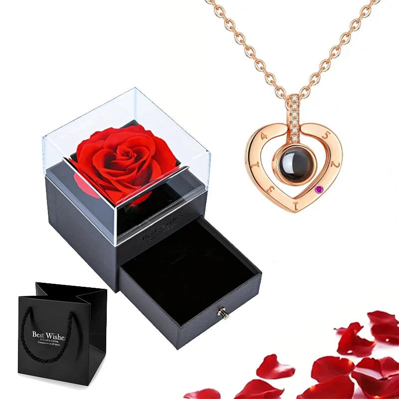 Projection Necklace Set With Rose Gift Box 100 Languages I Love You Heart Pendant Jewelry 2023 Hot Sale Accessories