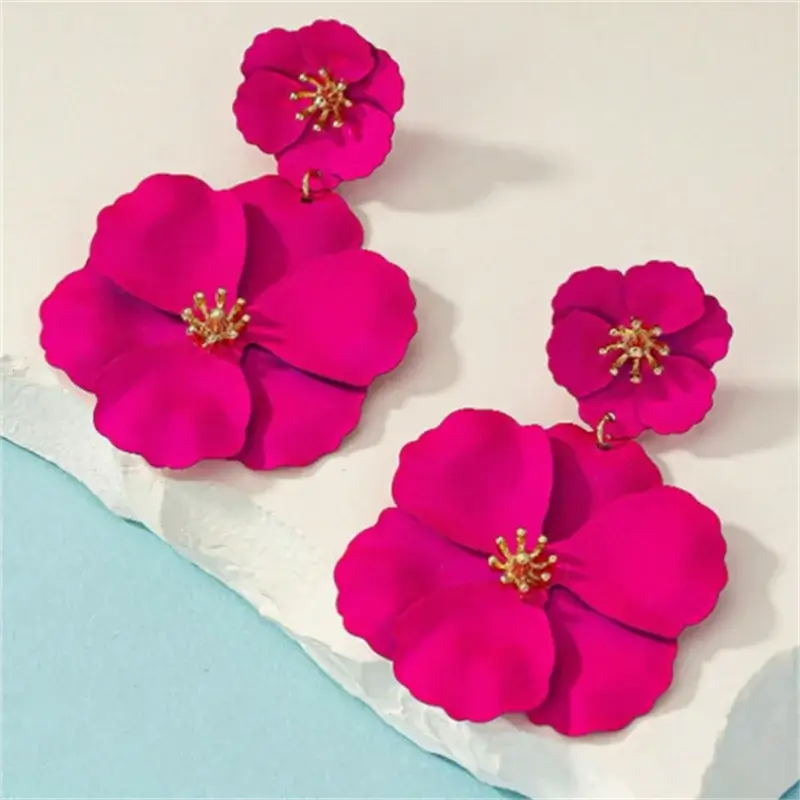 Rose Color Flower Earrings Fashionable Long Flower Earrings Jewelry Wedding Gift Accessories Wholesale