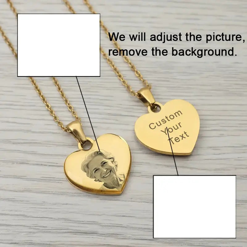 Picture Necklace Personalized for Women - Custom Photo Pendant with custom text and heart design.