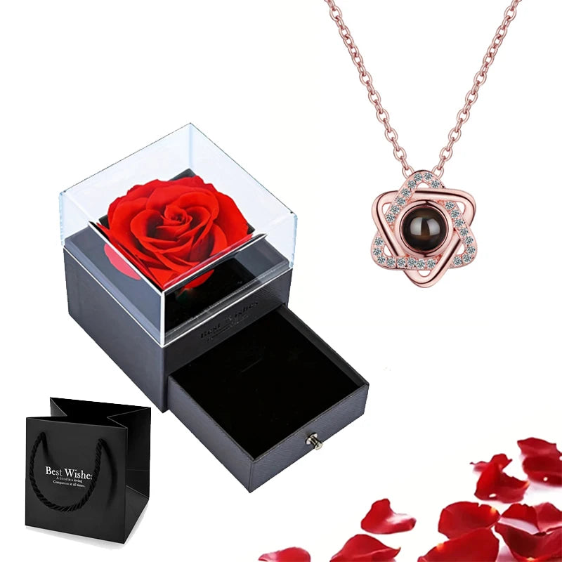 Projection Necklace Set With Rose Gift Box 100 Languages I Love You Heart Pendant Jewelry 2023 Hot Sale Accessories