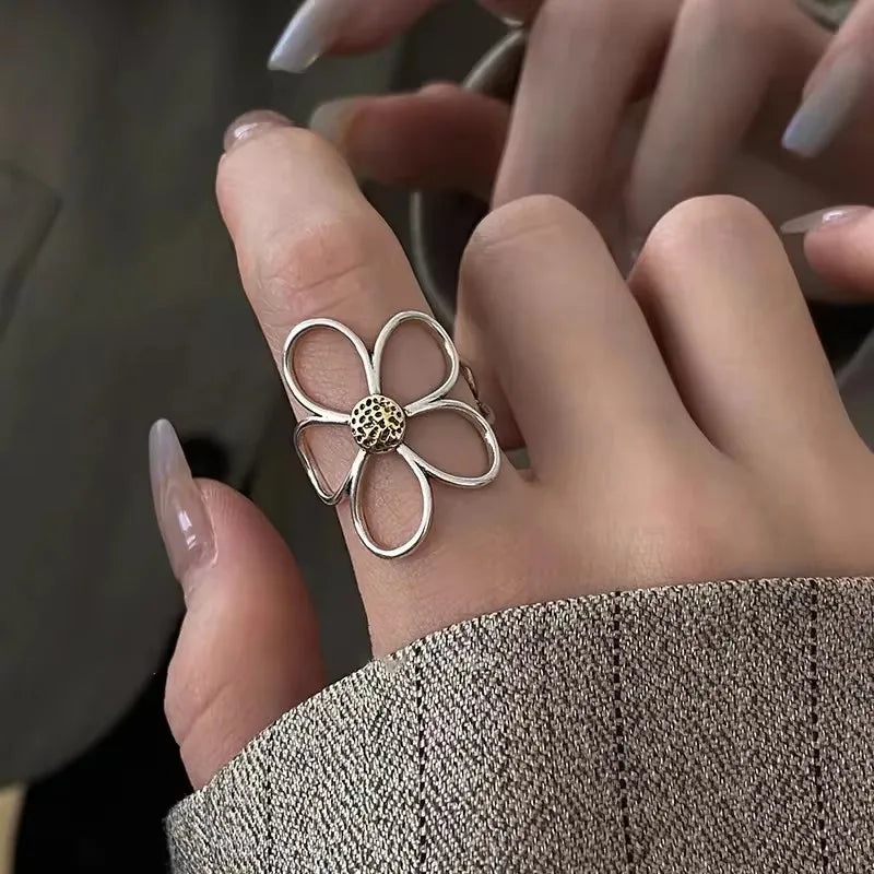 VENTFILLE 925 Sterling Silver Rings INS Fashion Hip Hop Vintage Couples Hollow Lines Punk Thai Silver Party Adjustable Jewelry