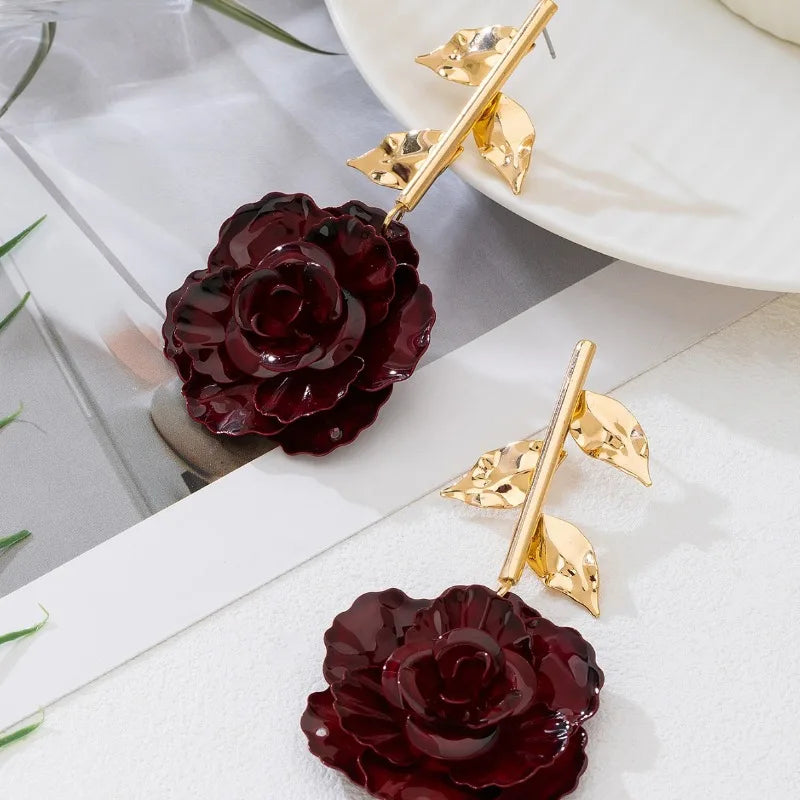 Dark Red Rose Flowers Stud Earring Women Girls Gifts Fashion Jewelry Accessories Hot Sale Party Gift 2025 New Style