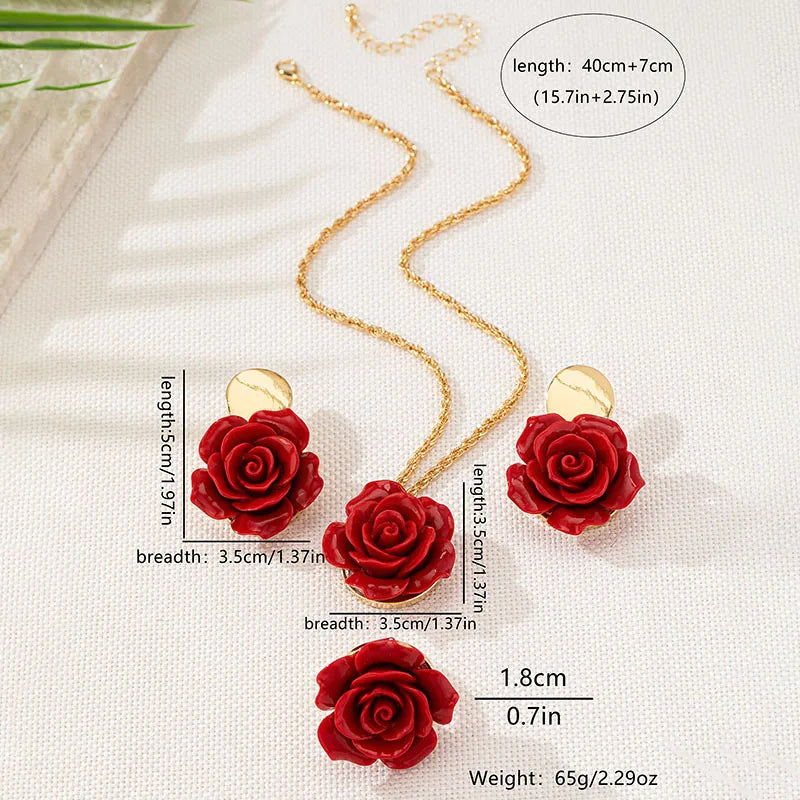 Rose Flower Pendant Necklace Earrings Ring Set Fashion Jewelry Accessories Hot Sale Party Gift 2025 New Style