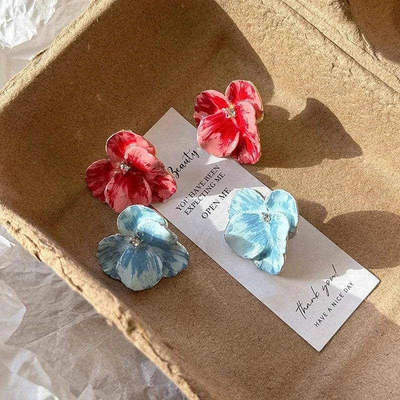 Oil Dropping Flower Earrings New retro petal design exquisite earrings drop glazed rose red flower earrings women jewelry
