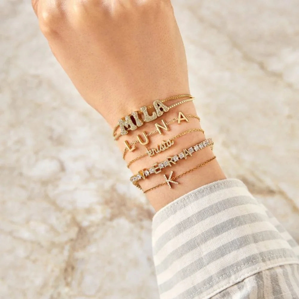 2025 Custom fashion English 26 letters inlaid with zircon delicate gold DIY bracelet to wear accessories gifts