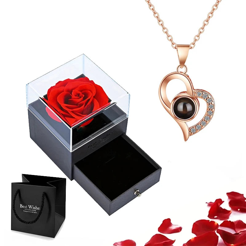 Projection Necklace Set With Rose Gift Box 100 Languages I Love You Heart Pendant Jewelry 2023 Hot Sale Accessories
