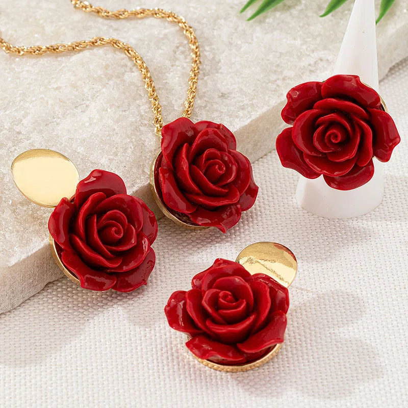 Rose Flower Pendant Necklace Earrings Ring Set Fashion Jewelry Accessories Hot Sale Party Gift 2025 New Style