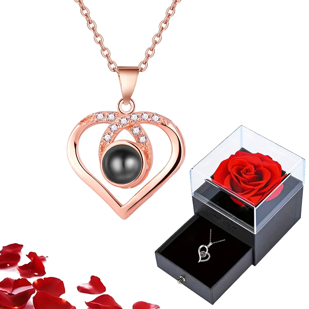 Projection Necklace Set With Rose Gift Box 100 Languages I Love You Heart Pendant Jewelry 2023 Hot Sale Accessories