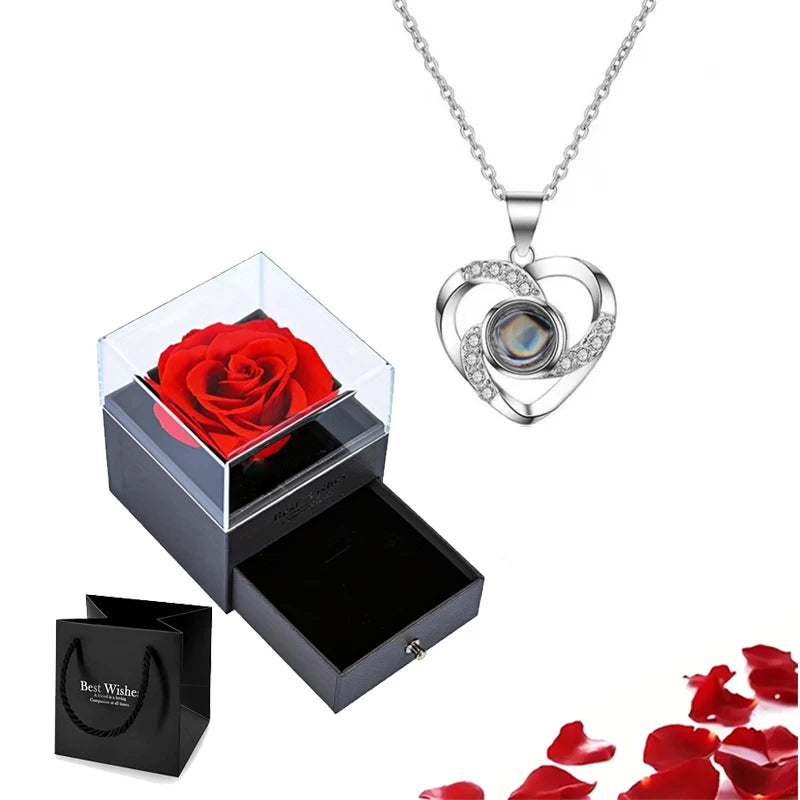 Projection Necklace Set With Rose Gift Box 100 Languages I Love You Heart Pendant Jewelry 2023 Hot Sale Accessories
