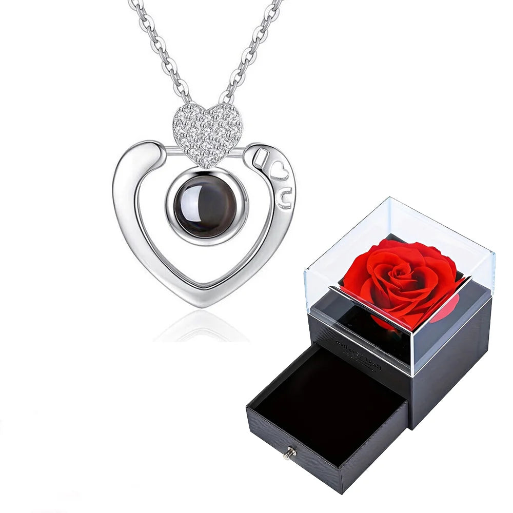 Projection Necklace Set With Rose Gift Box 100 Languages I Love You Heart Pendant Jewelry 2023 Hot Sale Accessories