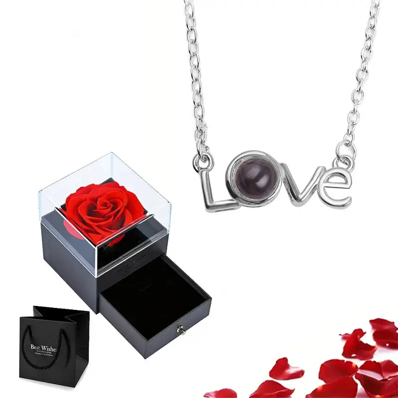 Projection Necklace Set With Rose Gift Box 100 Languages I Love You Heart Pendant Jewelry 2025 Hot Sale Accessories