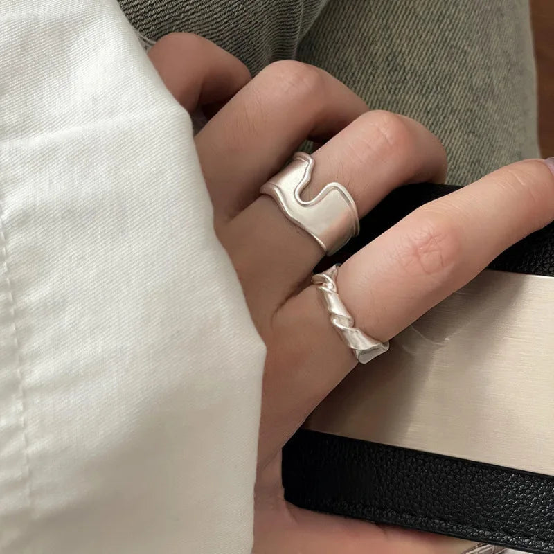 VENTFILLE 925 Sterling Silver Rings INS Fashion Hip Hop Vintage Couples Hollow Lines Punk Thai Silver Party Adjustable Jewelry