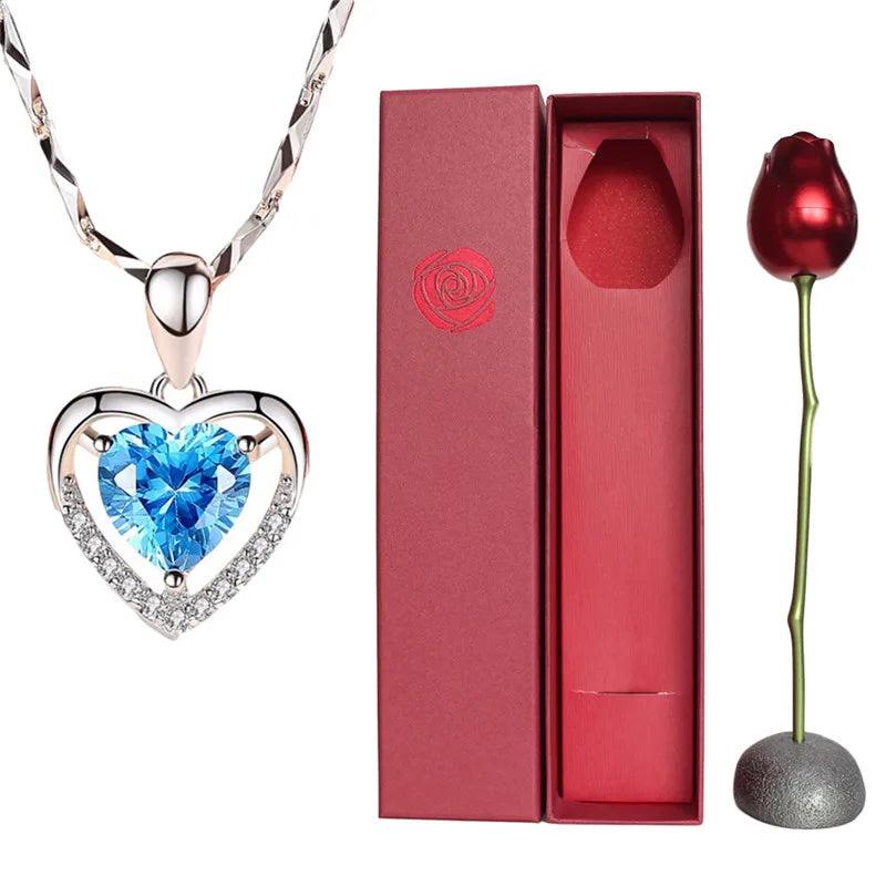 Creative Love Heart Necklace Set with Rose Simulation Flower  St Valentin Jewelry Box  Birthday Gift for Girlfriend