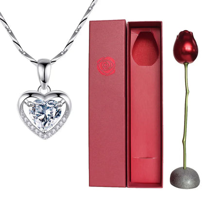 Creative Love Heart Necklace Set with Rose Simulation Flower  St Valentin Jewelry Box  Birthday Gift for Girlfriend