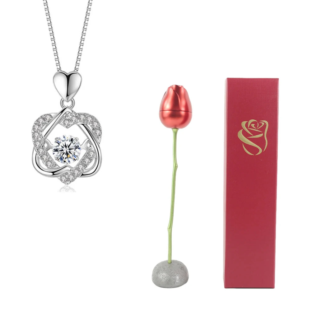 Creative Love Heart Necklace Set with Rose Simulation Flower  St Valentin Jewelry Box  Birthday Gift for Girlfriend