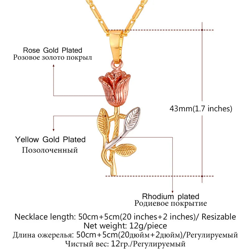 U7 3D Rose Flower Pendant Necklace for Women Red Roses Pearl Beaded Wedding Birthday Jewelry Gift for Her Mother's Day Gift