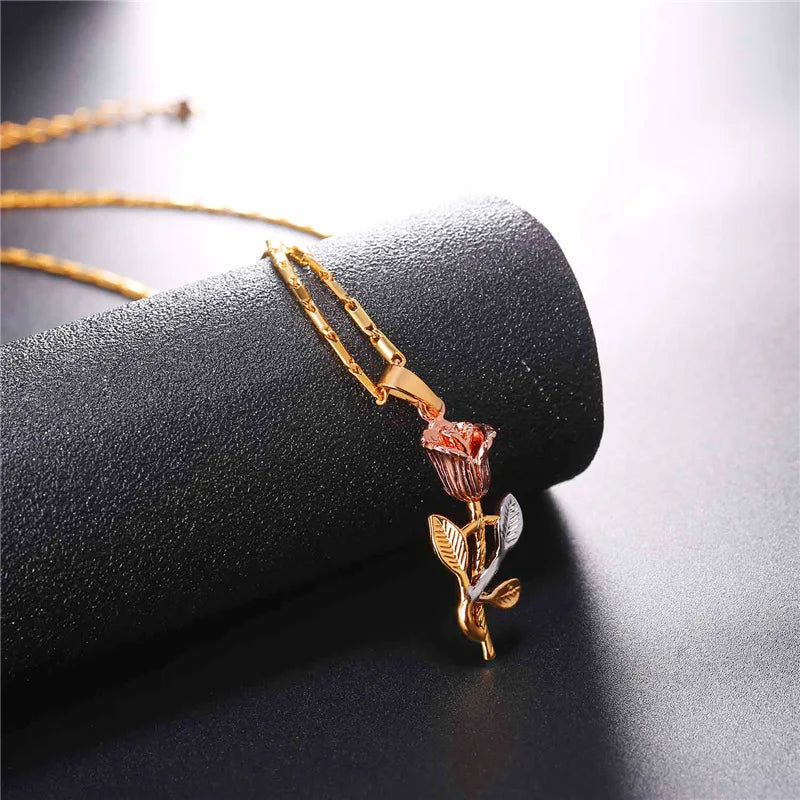 U7 3D Rose Flower Pendant Necklace for Women Red Roses Pearl Beaded Wedding Birthday Jewelry Gift for Her Mother's Day Gift