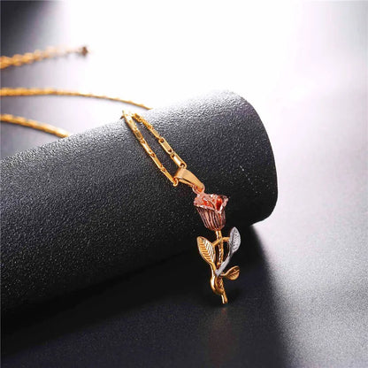 U7 3D Rose Flower Pendant Necklace for Women Red Roses Pearl Beaded Wedding Birthday Jewelry Gift for Her Mother's Day Gift