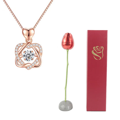 Creative Love Heart Necklace Set with Rose Simulation Flower  St Valentin Jewelry Box  Birthday Gift for Girlfriend