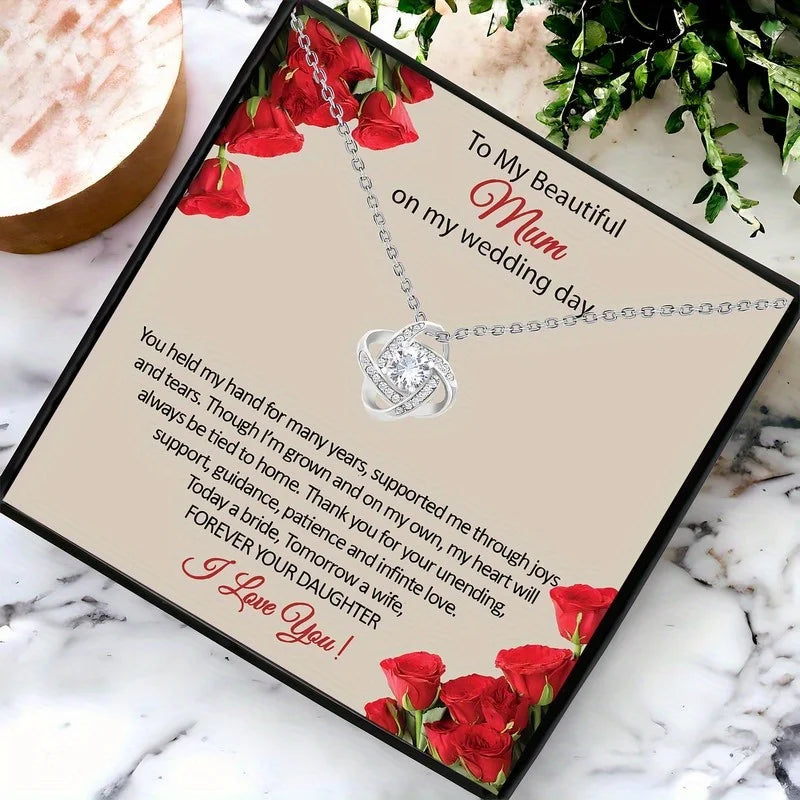 Elegant Heart Knot Necklace for Mom Wedding Gift with Keepsake Card in Gift Box Daughter Bride Sentimental Jewelry Keepsake