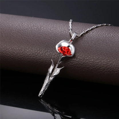U7 3D Rose Flower Pendant Necklace for Women Red Roses Pearl Beaded Wedding Birthday Jewelry Gift for Her Mother's Day Gift