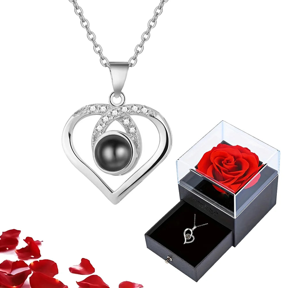 Projection Necklace Set With Rose Gift Box 100 Languages I Love You Heart Pendant Jewelry 2023 Hot Sale Accessories