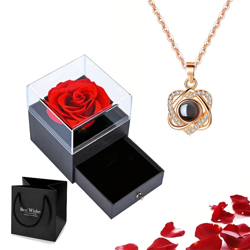 Projection Necklace Set With Rose Gift Box 100 Languages I Love You Heart Pendant Jewelry 2023 Hot Sale Accessories