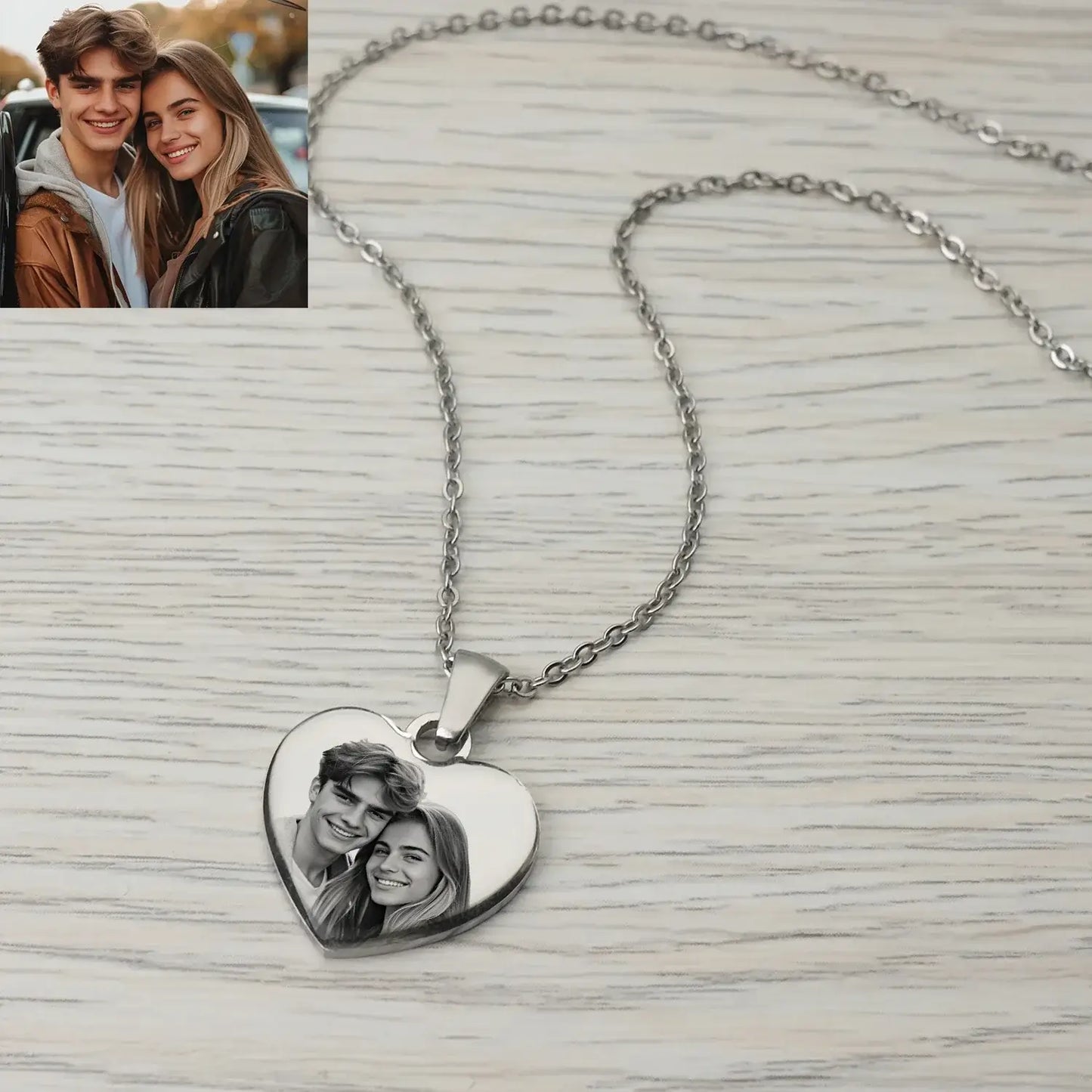 Picture Necklace Personalized for Women - Custom Photo Pendant with heart-shaped metal pendant featuring couple's photo.