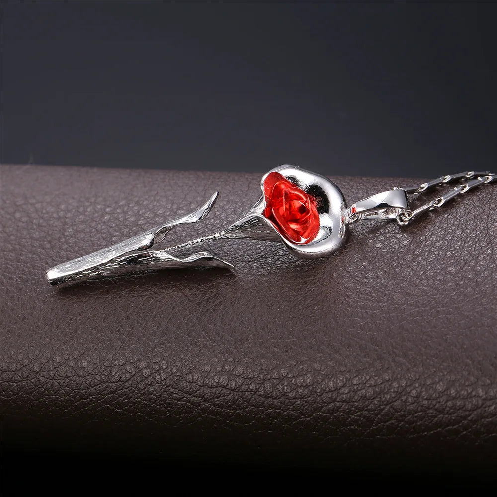 U7 3D Rose Flower Pendant Necklace for Women Red Roses Pearl Beaded Wedding Birthday Jewelry Gift for Her Mother's Day Gift
