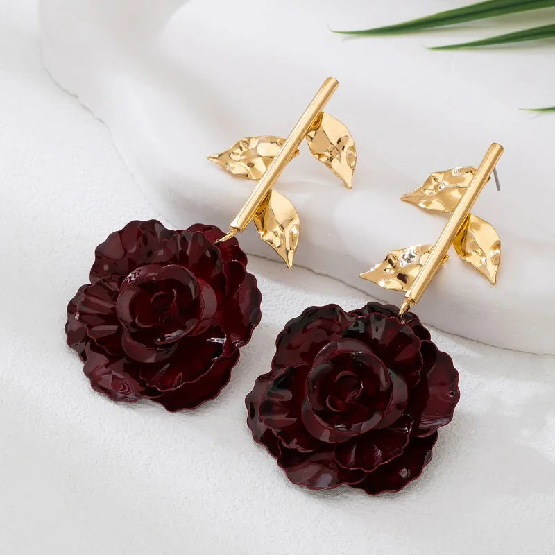 Dark Red Rose Flowers Stud Earring Women Girls Gifts Fashion Jewelry Accessories Hot Sale Party Gift 2025 New Style
