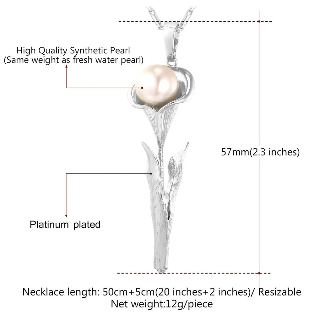 U7 3D Rose Flower Pendant Necklace for Women Red Roses Pearl Beaded Wedding Birthday Jewelry Gift for Her Mother's Day Gift