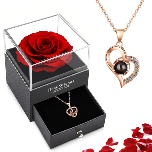 Projection Necklace Set With Rose Gift Box 100 Languages I Love You Heart Pendant Jewelry 2023 Hot Sale Accessories