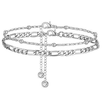 2Pcs Stainless Steel Anklet Set for Women - Silver Jewelry featuring geometric design and cubic zirconia accents.