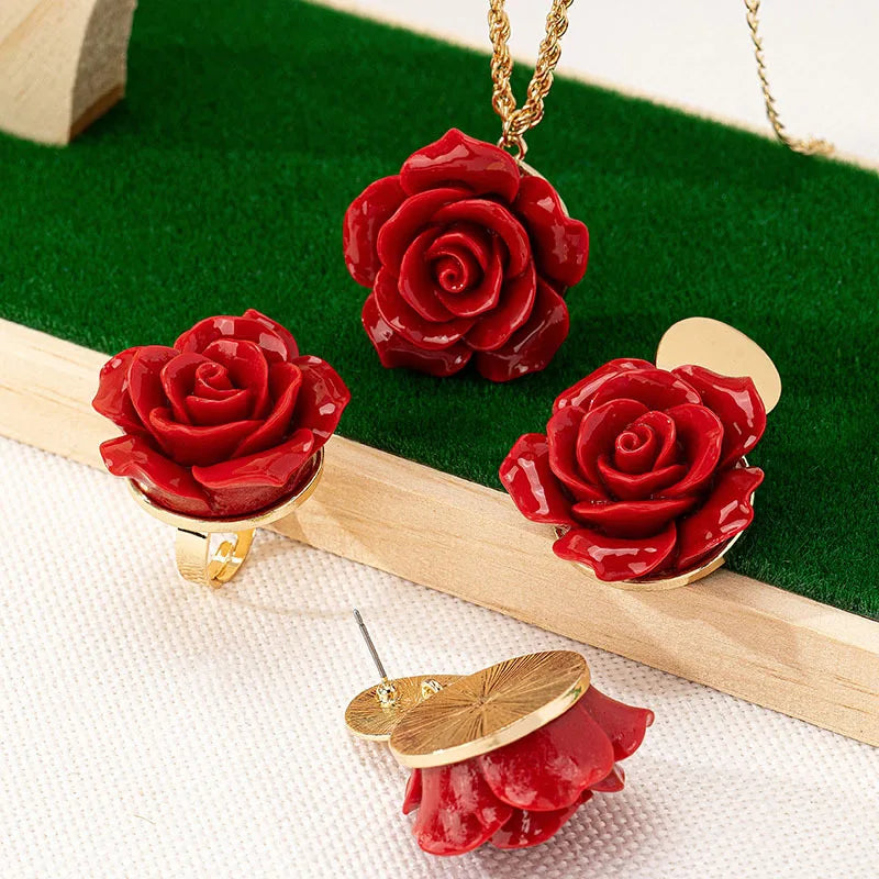 Rose Flower Pendant Necklace Earrings Ring Set Fashion Jewelry Accessories Hot Sale Party Gift 2025 New Style