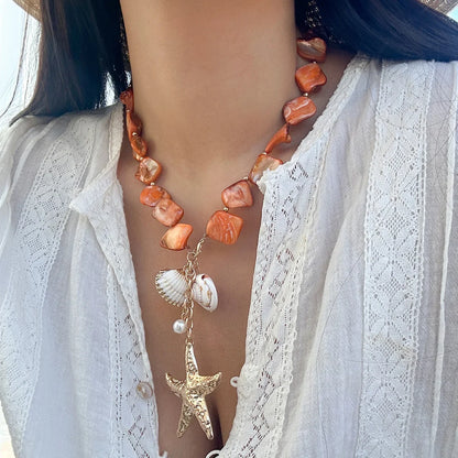 Retro Starfish White Shell Conch Pendant Necklace Women 2025 Simple Creative Colorful Stones Hand Woven Beach Jewelry Girls