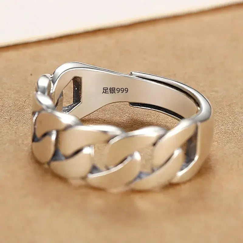 925 Sterling Silver Rings for Women Men Couple - Elegant shown from the side with chain link design.