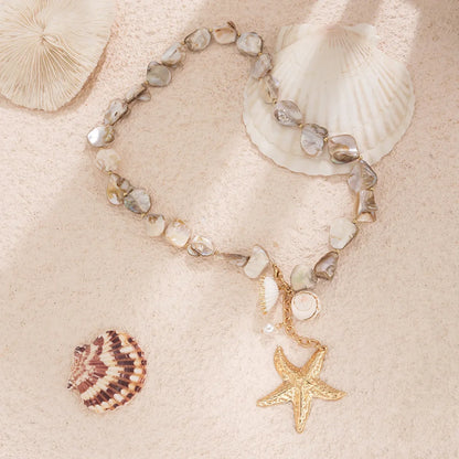 Retro Starfish White Shell Conch Pendant Necklace Women 2025 Simple Creative Colorful Stones Hand Woven Beach Jewelry Girls