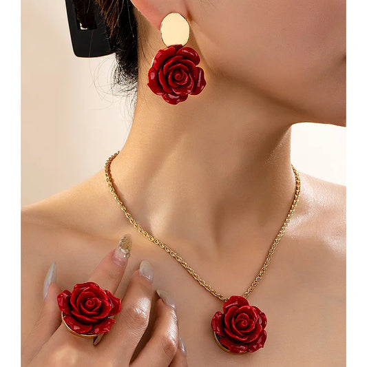 Rose Flower Pendant Necklace Earrings Ring Set Fashion Jewelry Accessories Hot Sale Party Gift 2025 New Style