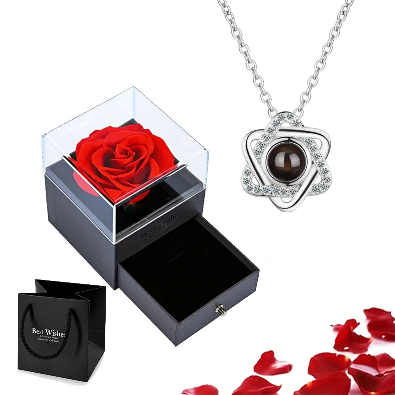 Projection Necklace Set With Rose Gift Box 100 Languages I Love You Heart Pendant Jewelry 2023 Hot Sale Accessories