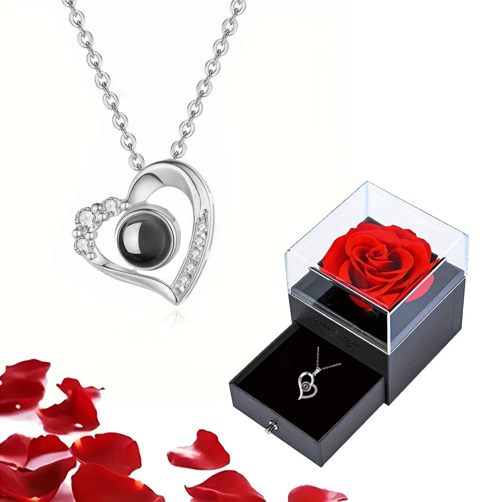 Projection Necklace Set With Rose Gift Box 100 Languages I Love You Heart Pendant Jewelry 2023 Hot Sale Accessories
