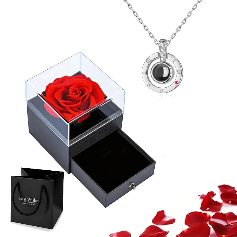 Projection Necklace Set With Rose Gift Box 100 Languages I Love You Heart Pendant Jewelry 2023 Hot Sale Accessories