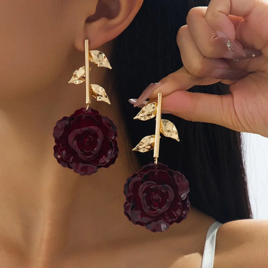 Dark Red Rose Flowers Stud Earring Women Girls Gifts Fashion Jewelry Accessories Hot Sale Party Gift 2025 New Style