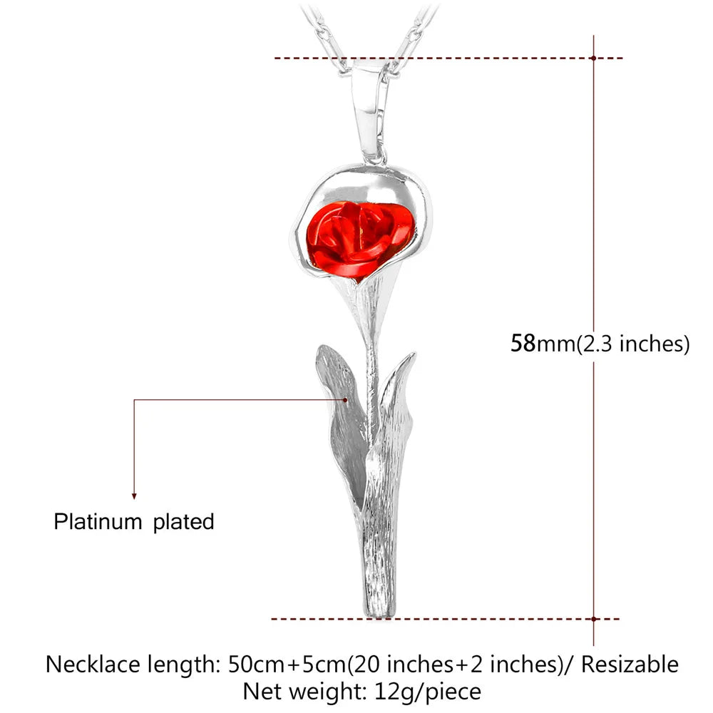 U7 3D Rose Flower Pendant Necklace for Women Red Roses Pearl Beaded Wedding Birthday Jewelry Gift for Her Mother's Day Gift