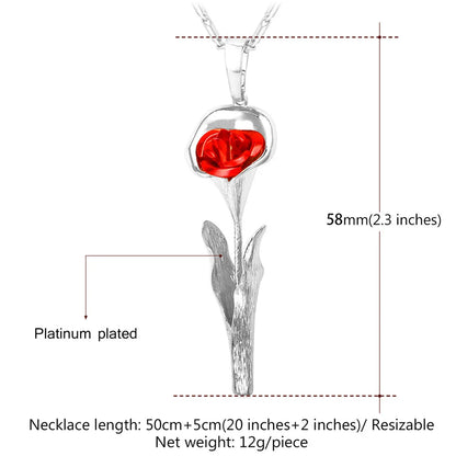 U7 3D Rose Flower Pendant Necklace for Women Red Roses Pearl Beaded Wedding Birthday Jewelry Gift for Her Mother's Day Gift