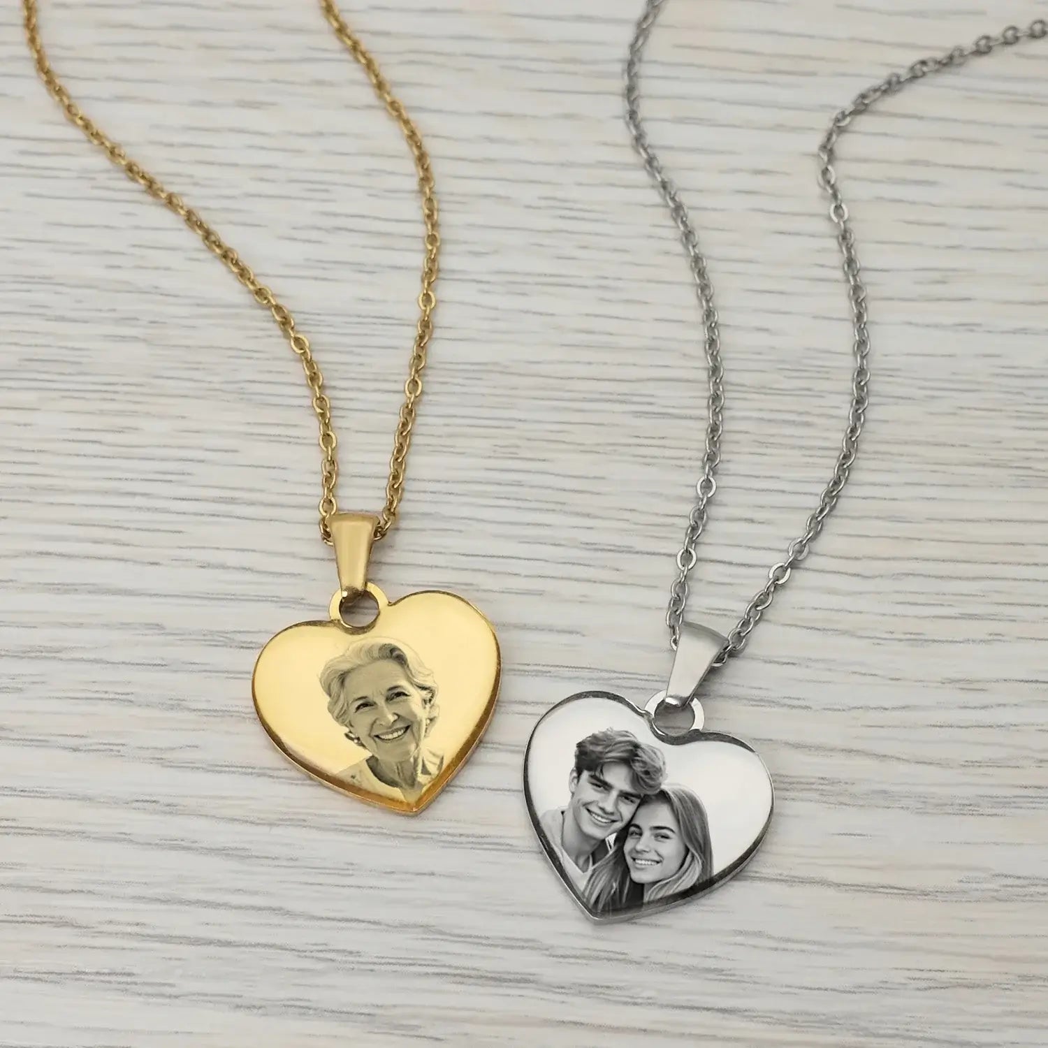 Picture Necklace Personalized for Women - Custom Photo Pendant featuring gold and silver heart pendants with engraved photos.